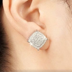 Silver Square Rhinestone Stud Earrings - New